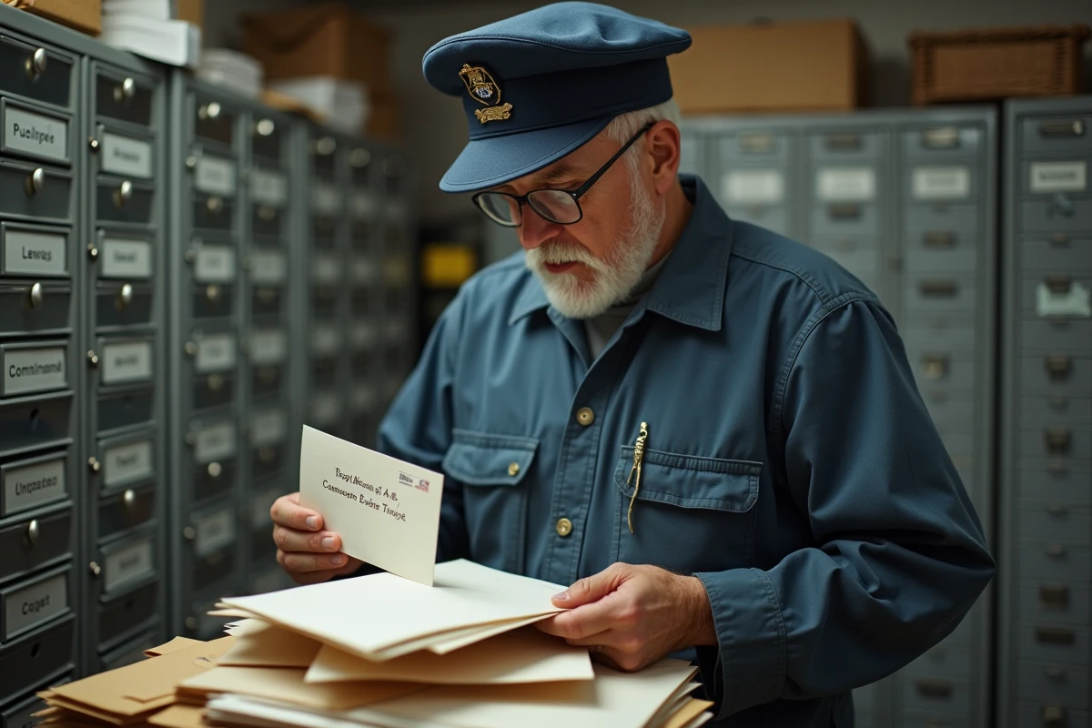 Facteur triant des enveloppes dans un bureau de poste