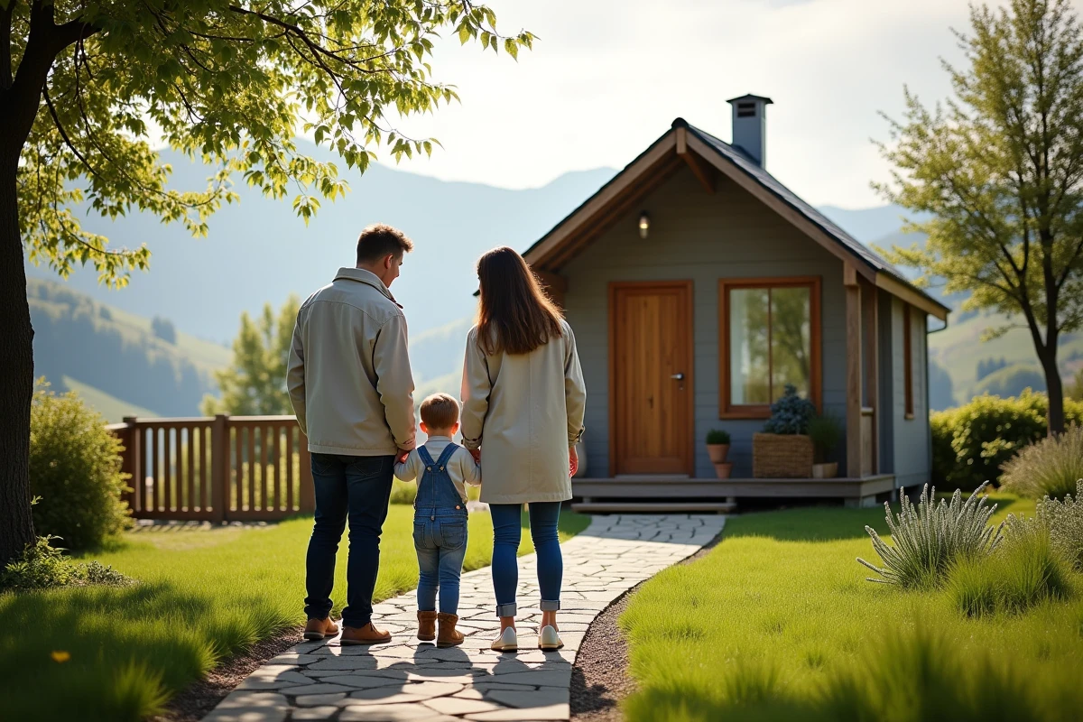 Famille devant une maison de location moderne