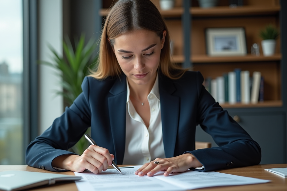 Femme d'affaires en costume bleu examine des documents de prêt immobilier