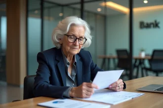 Femme âgée en blazer bleu étudiant des documents de prêt immobilier
