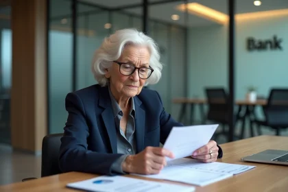 Femme âgée en blazer bleu étudiant des documents de prêt immobilier