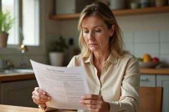 Femme analysant une annonce de maison à donner gratuitement avec un regard critique à une table en bois