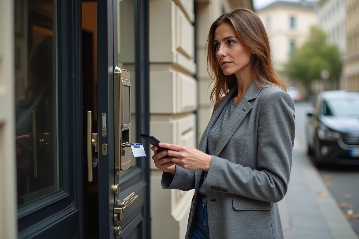 Femme devant une porte sécurisée d'immeuble haussmannien tenant un badge Vigik et son téléphone avec une expression interrogative