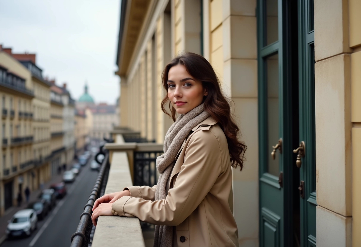 Jeune femme sur balcon avec vue sur Lyon et architecture