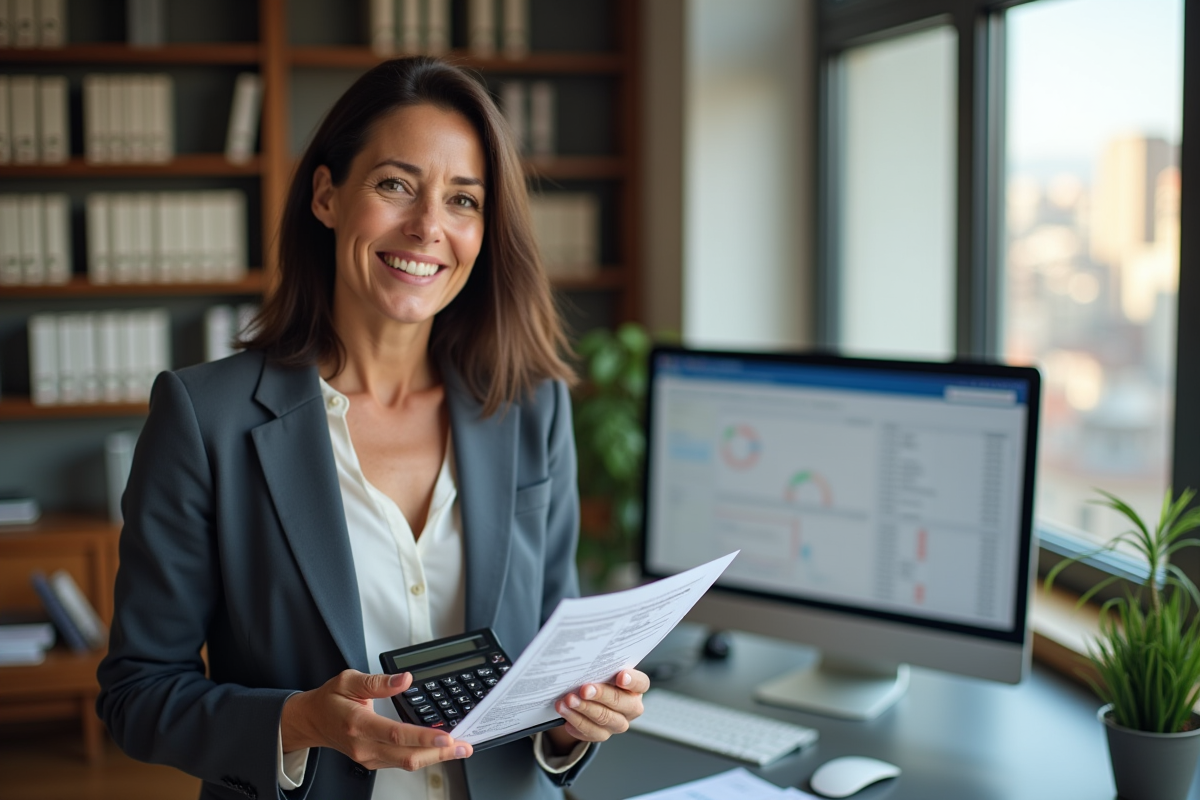 Femme professionnelle tenant un calculateur et déclaration d