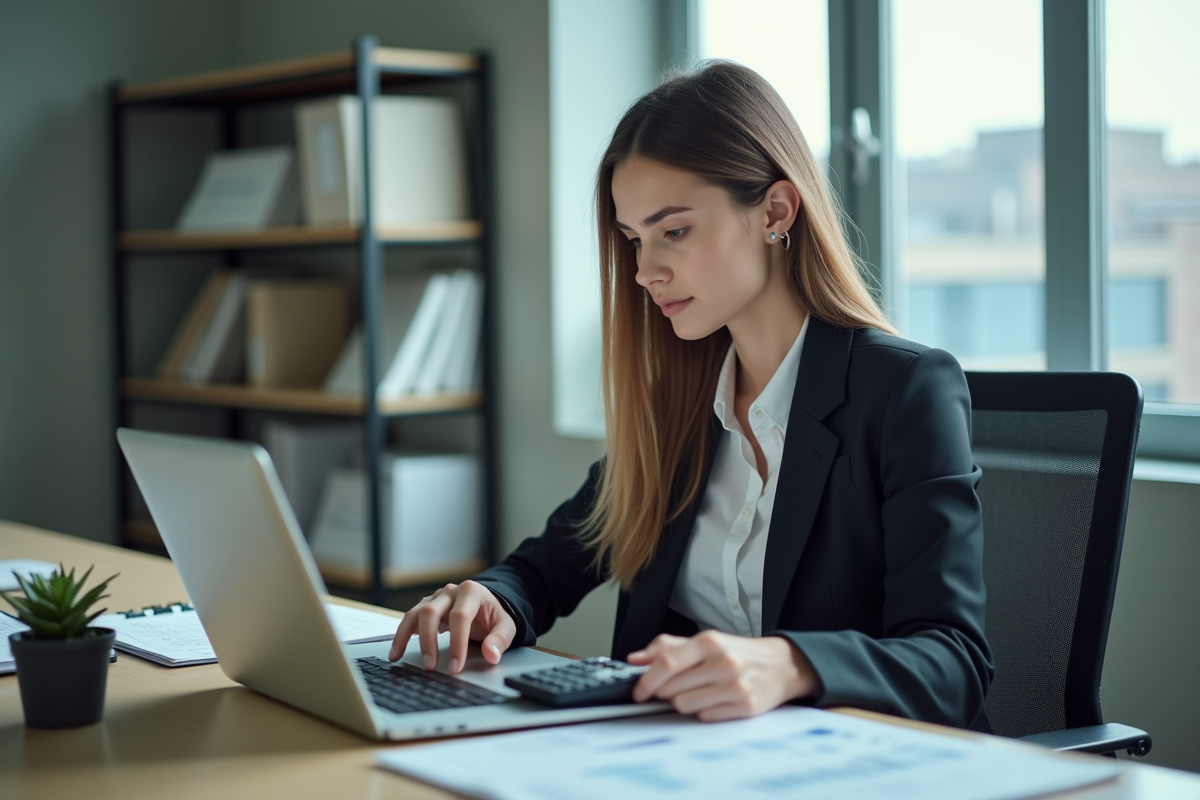 Jeune femme professionnelle utilisant un ordinateur et une calculatrice au bureau