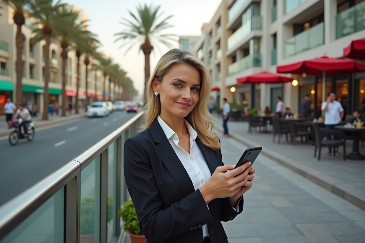 Femme professionnelle avec smartphone dans un café à Dubai