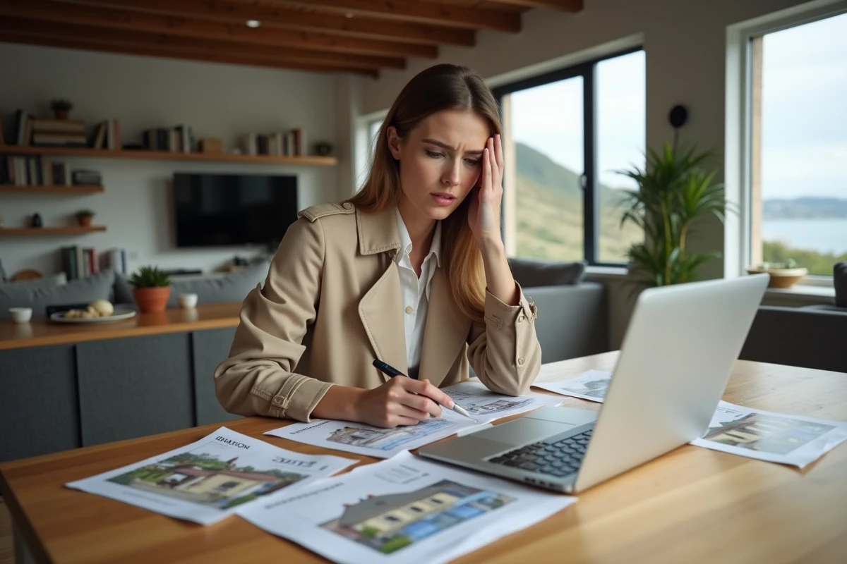 Femme concentrée à l’intérieur avec papiers et ordinateur pour l’immobilier