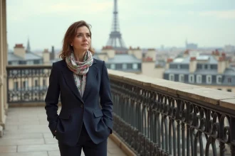 Femme confiante en blazer sur terrasse parisienne