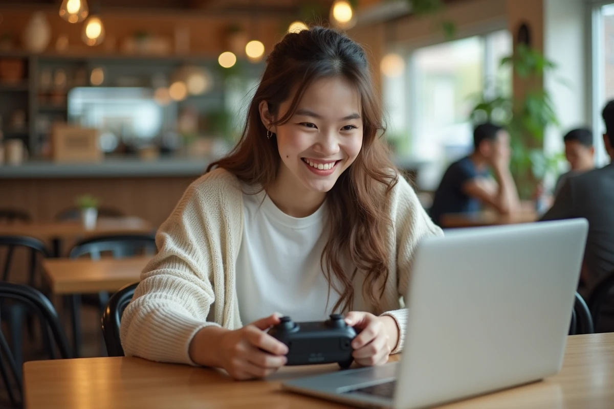 Jeune femme connecte un Liloo BSK dans un café lumineux
