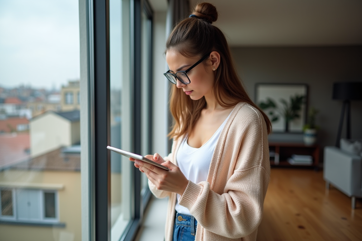 Jeune femme examinant une tablette dans un appartement urbain moderne