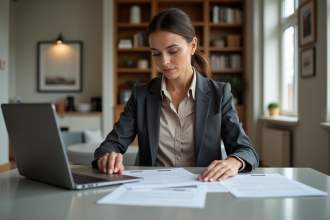 Femme professionnelle examinant des contrats dans un appartement moderne