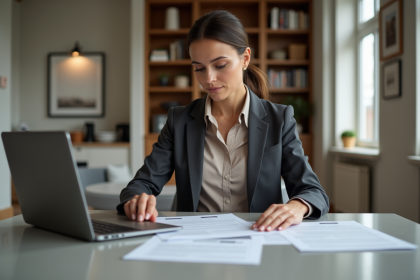 Femme professionnelle examinant des contrats dans un appartement moderne