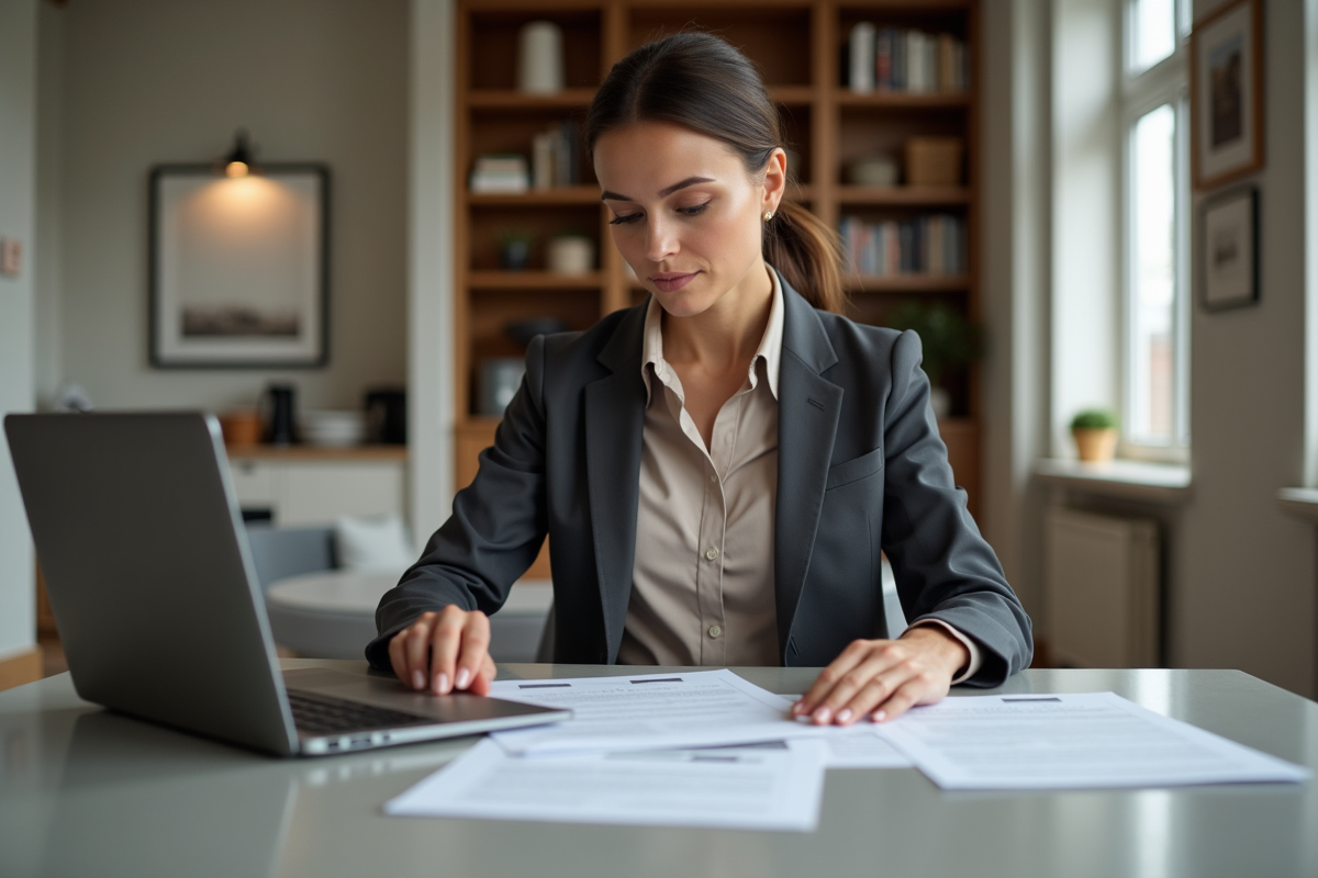 Femme professionnelle examinant des contrats dans un appartement moderne