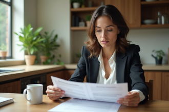 Femme d age moyen examine des documents de mortgage à la maison