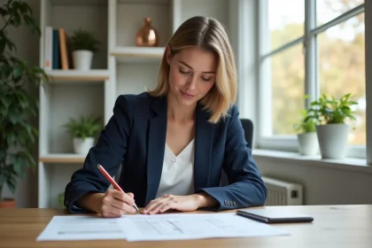 Femme en bureau moderne examine des documents immobiliers