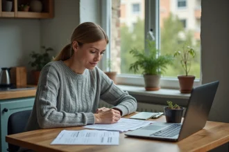Une femme consultant des documents de demande de logement social sur une table de cuisine dans un appartement modeste