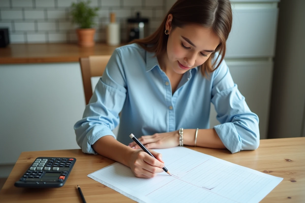 Jeune femme dessinant un plan sur du papier dans la cuisine