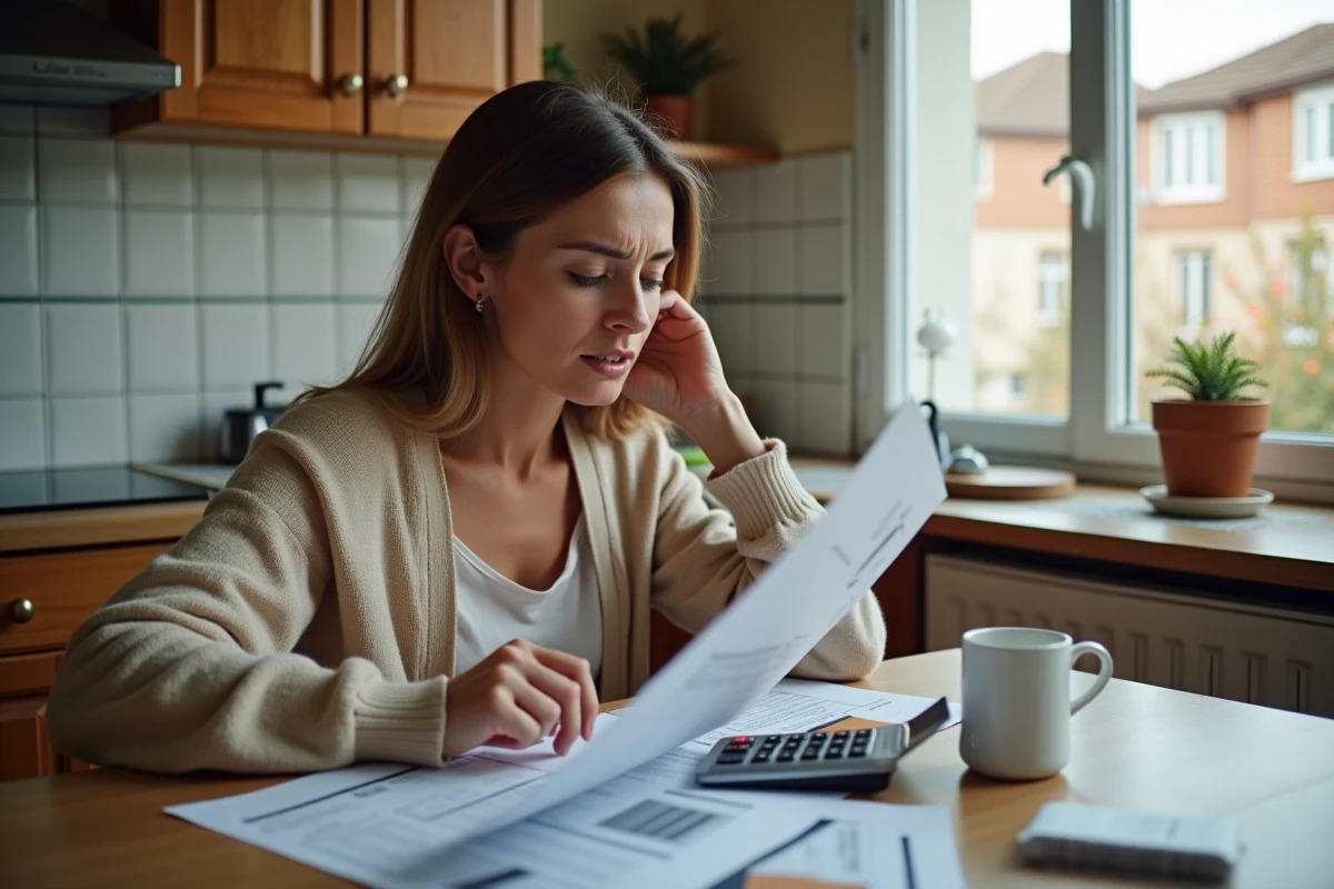 Femme seule consultant des documents de crédit immobilier et annonce de vente dans une maison en Moselle suite à un divorce