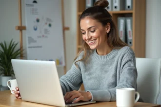 Femme accédant à son espace client Foncia sur un ordinateur portable pour consulter ses quittances de loyer