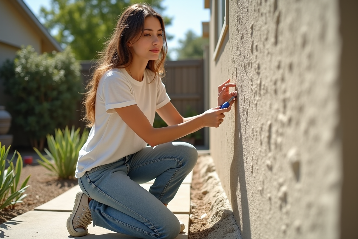Jeune femme examinant une façade extérieure rénovée