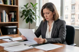 Femme examinant un formulaire administratif 3233-SD à son bureau, illustration du coût d'une demande officielle