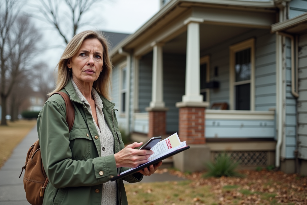 Femme examinant une maison à vendre devant une maison ancienne