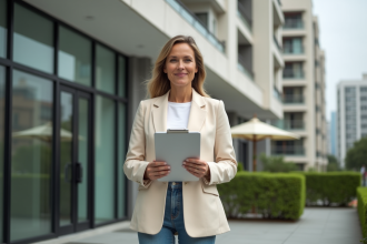 Femme en blazer devant un immeuble résidentiel moderne