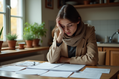 Jeune femme inquiète examine ses papiers et relevés