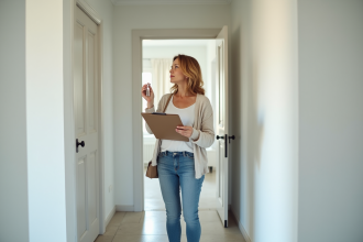 Femme française inspectant une maison vide avec clés et clipboard