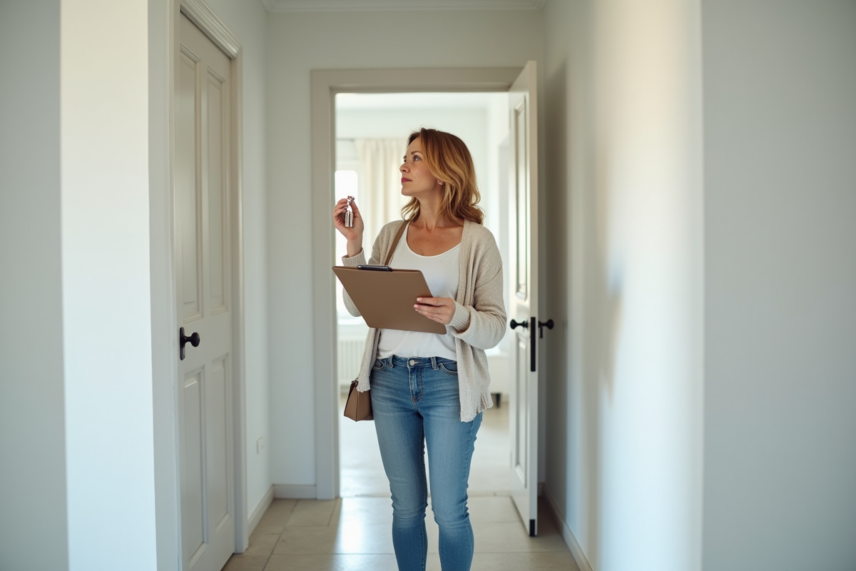 Femme française inspectant une maison vide avec clés et clipboard