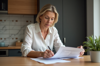 Femme d'âge moyen examinant un rapport de location dans une cuisine moderne