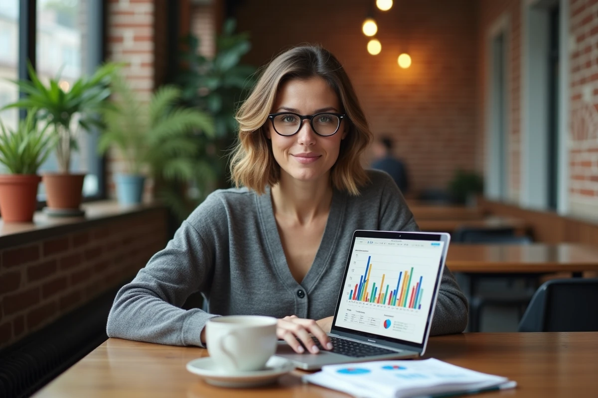 Femme investisseuse utilisant un simulateur de rentabilité immobilière sur ordinateur portable dans un café