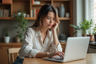 Jeune femme au laptop vérifiant une confirmation de paiement