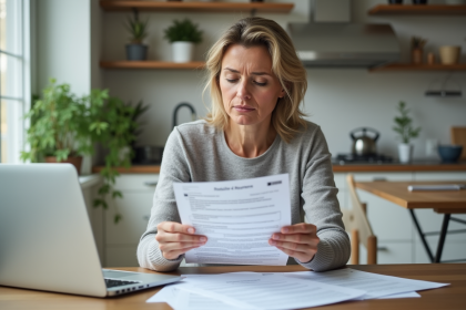 Femme lisant un document d'assurance dans une cuisine lumineuse