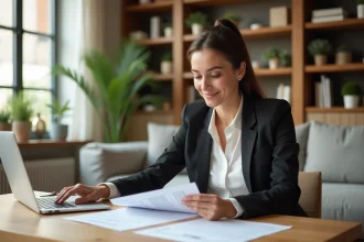Jeune femme lisant des documents de location dans un salon lumineux