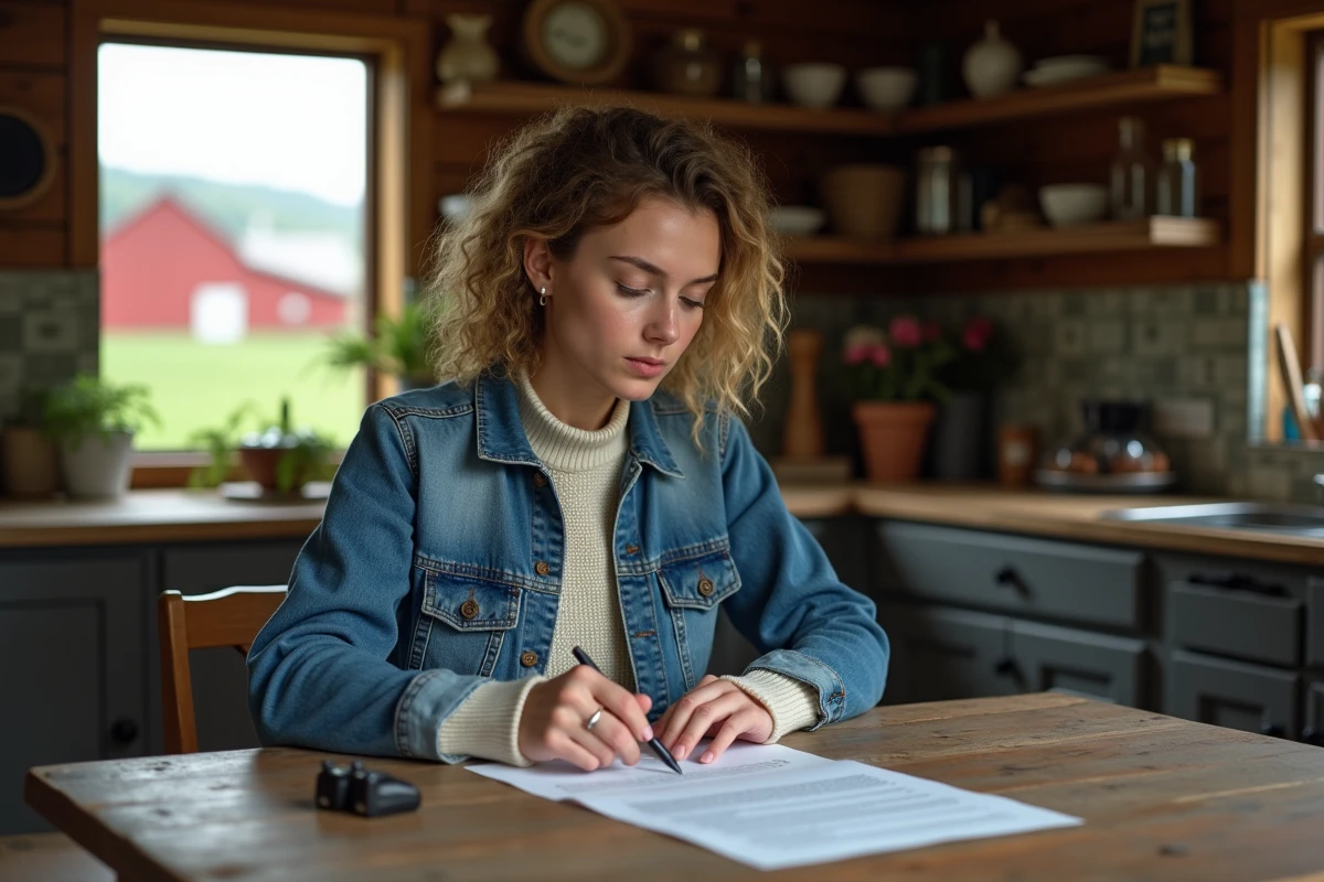 Jeune femme lisant un bail agricole dans une cuisine chaleureuse