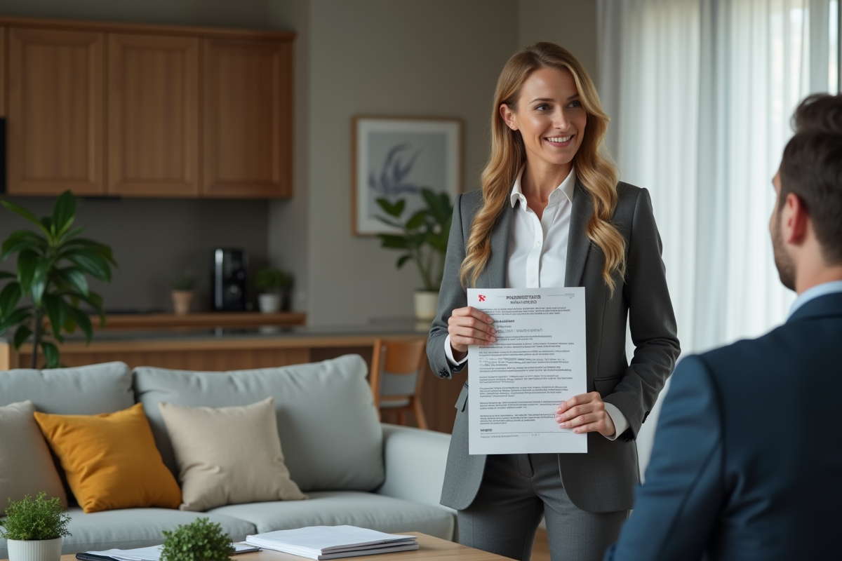 Femme en appartement tenant un avis de location