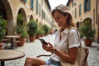 Femme souriante vérifiant une annonce de location à Carcassonne