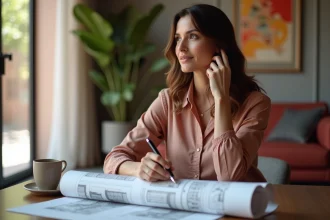 Femme marocaine réfléchissant à des plans immobiliers