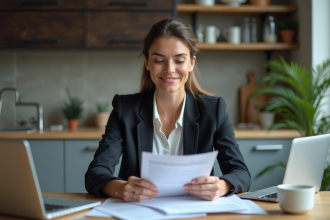 Femme d'affaires regardant des documents de prêt dans une cuisine moderne