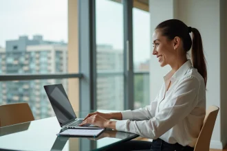 Femme souriante utilisant un ordinateur portable dans un appartement moderne
