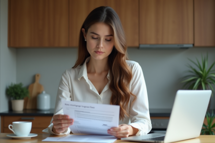 Jeune femme d'affaires examine des documents de prêt immobilier