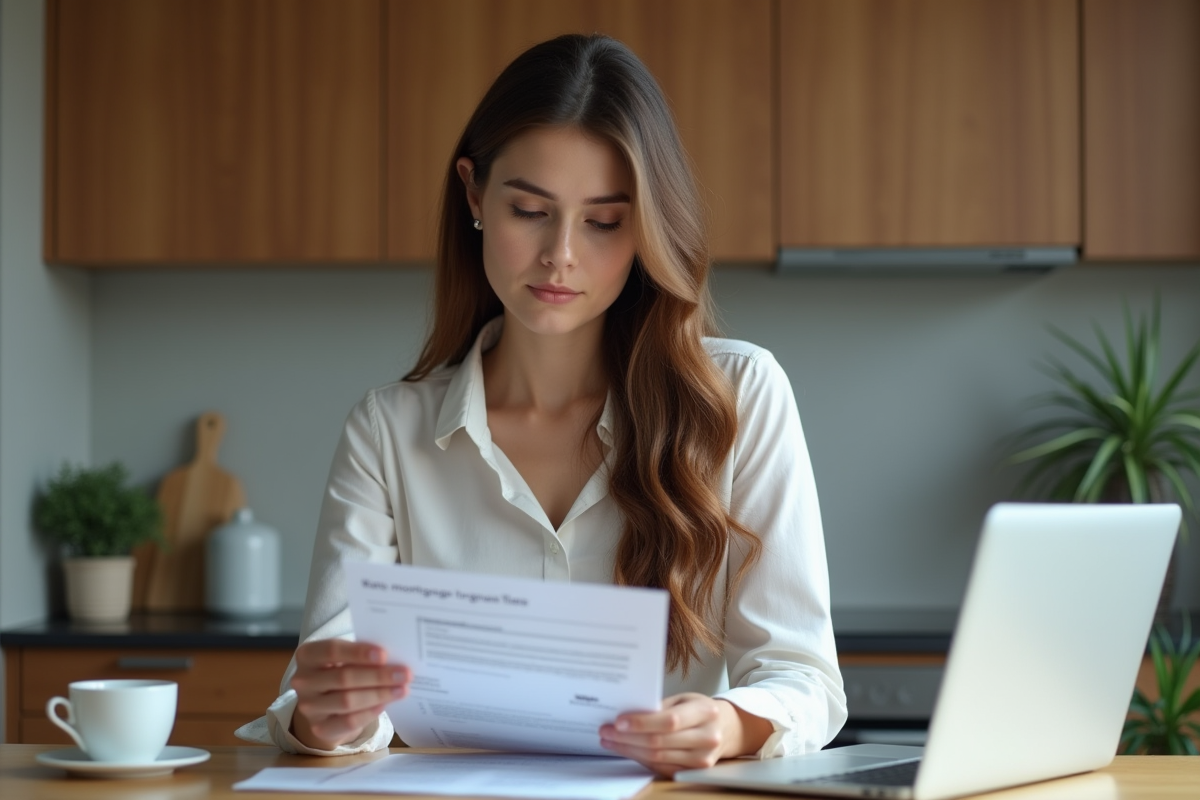 Jeune femme d'affaires examine des documents de prêt immobilier