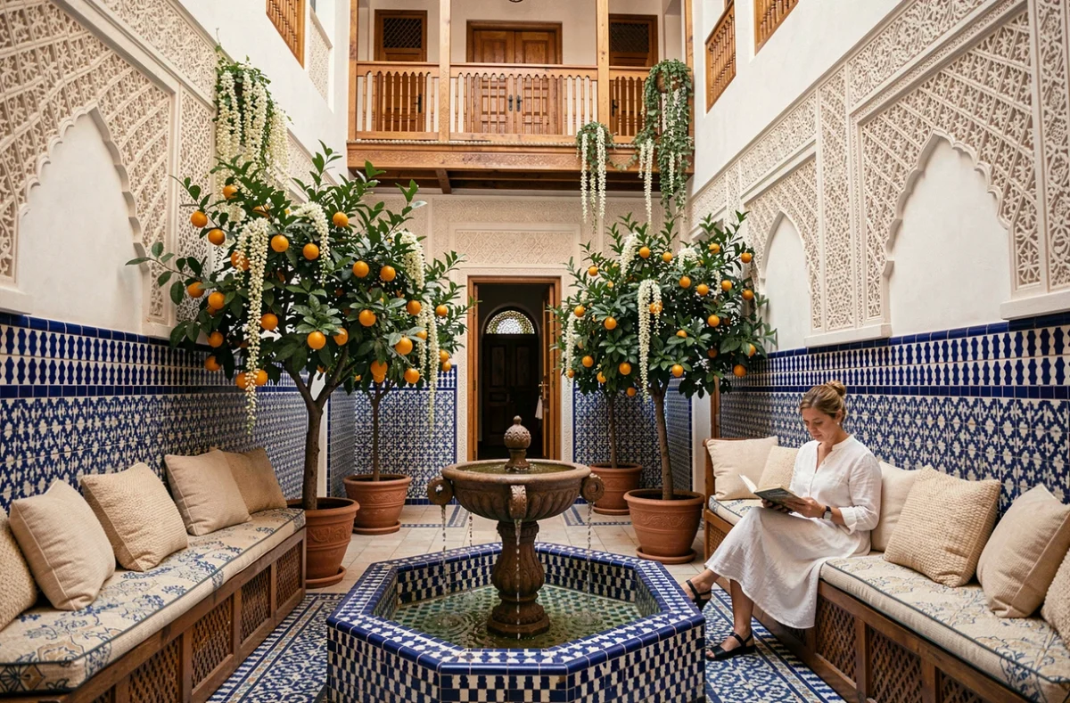 Femme se relaxant dans le patio intérieur d'un riad traditionnel à Marrakech, illustrant le style de vie d'une résidence secondaire au Maroc