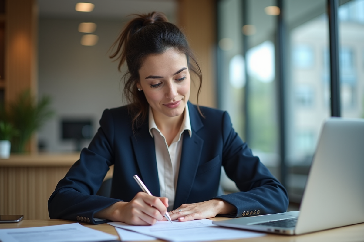 Femme d'affaires examine des documents de prêt immobilier