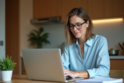 Femme consultant une plateforme de demande de logement social sur un ordinateur portable dans sa cuisine