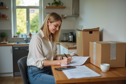 Femme remplissant un formulaire officiel dans une cuisine lumineuse