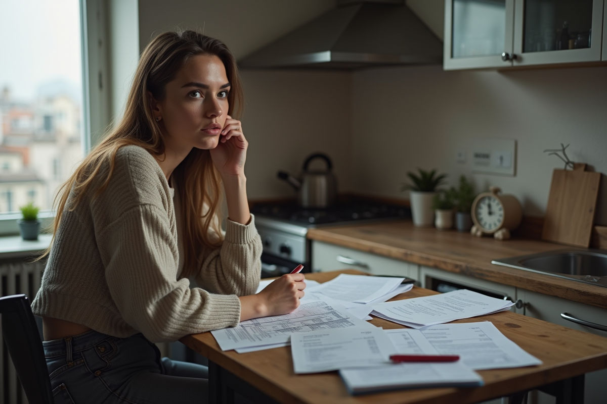 Jeune femme pensant à ses factures dans sa cuisine