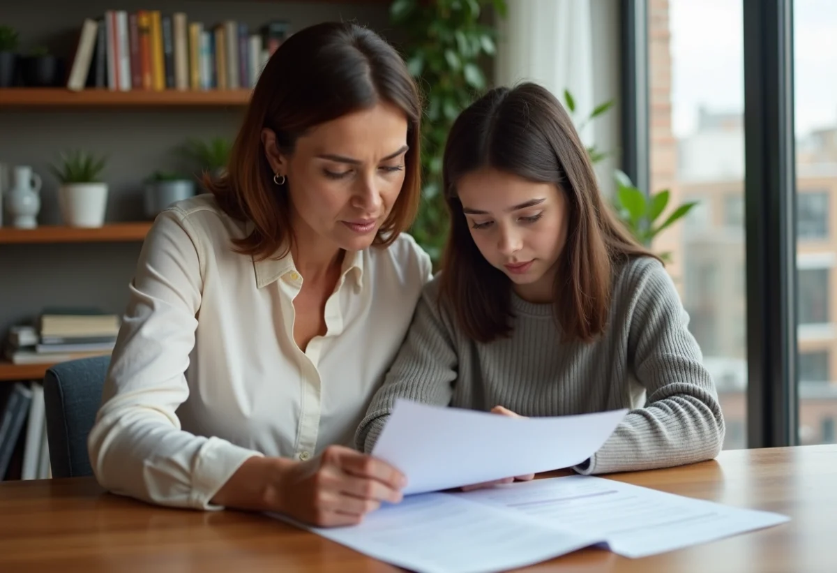 Femme et fille examinent des documents de location dans un appartement